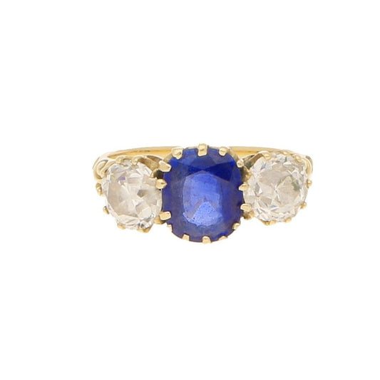 Antique Victorian Cornflower Blue Sapphire and Diamond Three Stone Ring