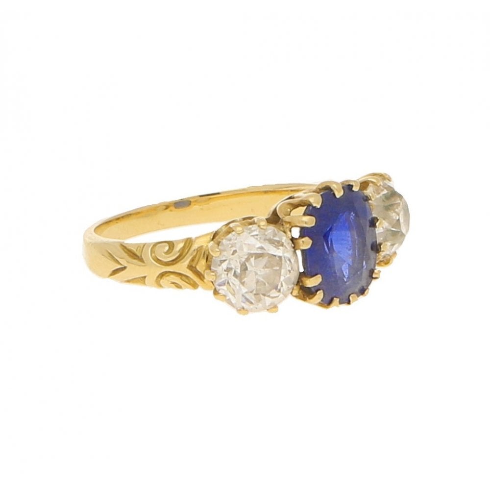Antique Victorian Cornflower Blue Sapphire and Diamond Three Stone Ring