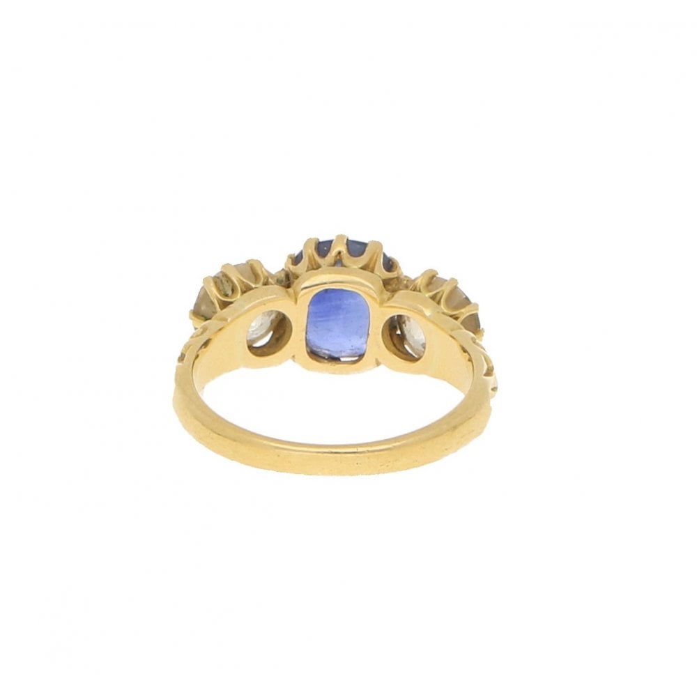 Antique Victorian Cornflower Blue Sapphire and Diamond Three Stone Ring