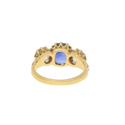 Antique Victorian Cornflower Blue Sapphire and Diamond Three Stone Ring