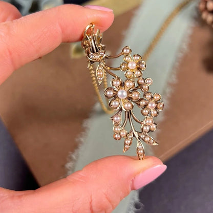 Edwardian 15 Carat Gold Pearl Flower Bouquet Pendant, Circa 1910