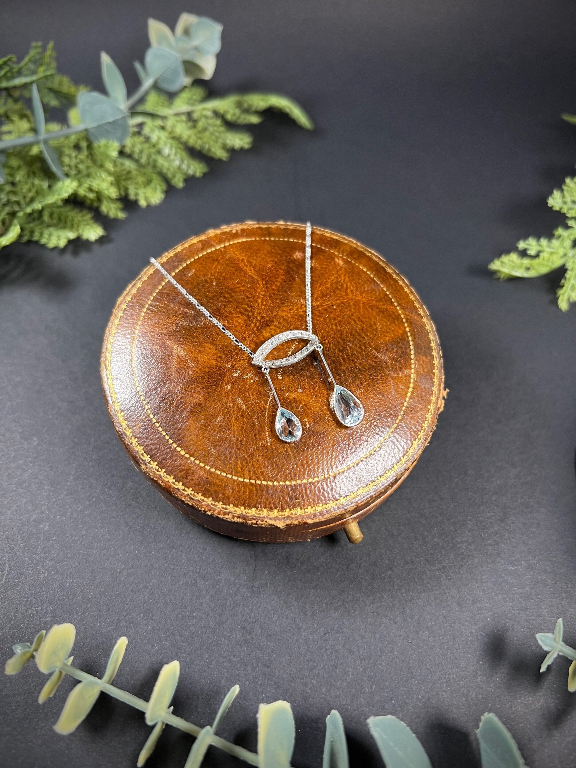 Antique Platinum, Edwardian Aquamarine & Diamond Lavalier Pendant Necklace