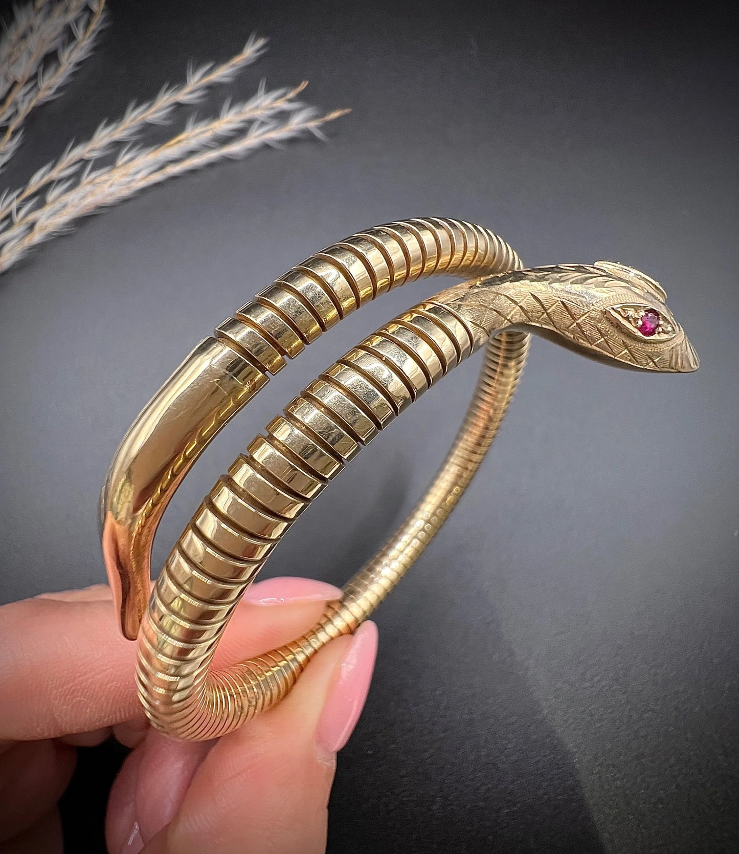 Vintage 9 Carat Yellow Gold Ruby Snake Adjustable Bracelet, Circa 1970