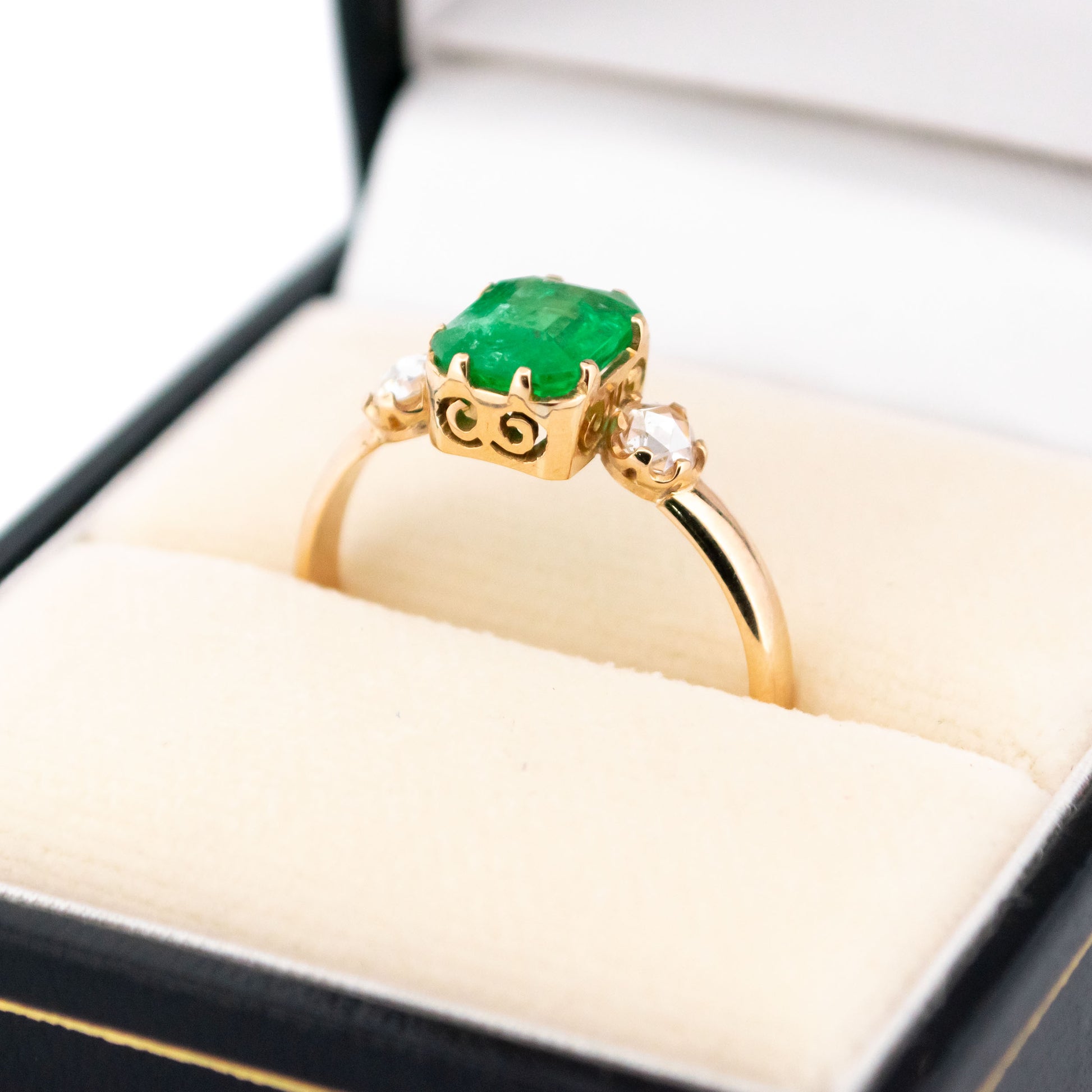 Vintage 18 Carat Yellow Gold Emerald and Diamond Trilogy Ring, 1.25 Carats