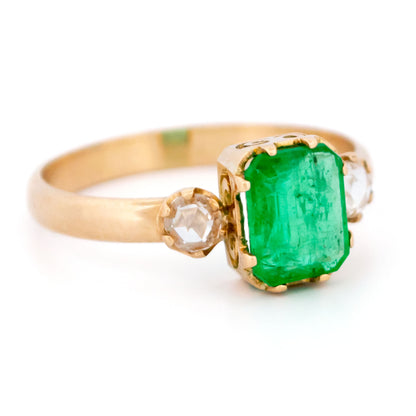 Vintage 18 Carat Yellow Gold Emerald and Diamond Trilogy Ring, 1.25 Carats