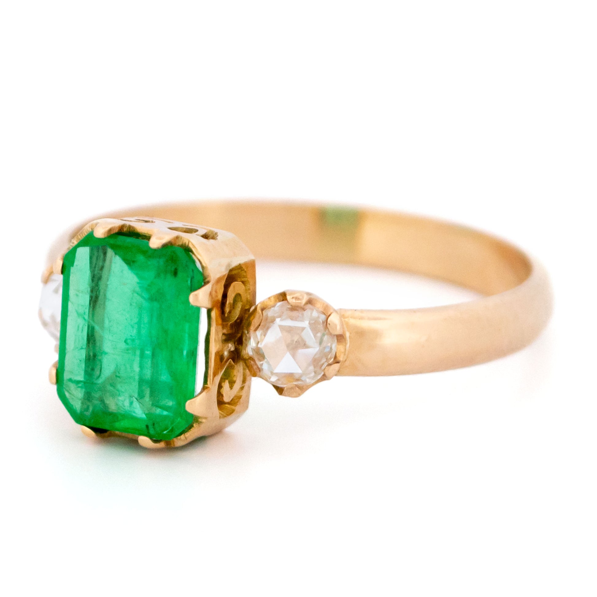 Vintage 18 Carat Yellow Gold Emerald and Diamond Trilogy Ring, 1.25 Carats