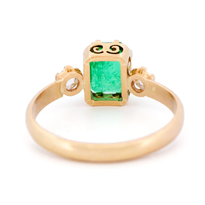 Vintage 18 Carat Yellow Gold Emerald and Diamond Trilogy Ring, 1.25 Carats