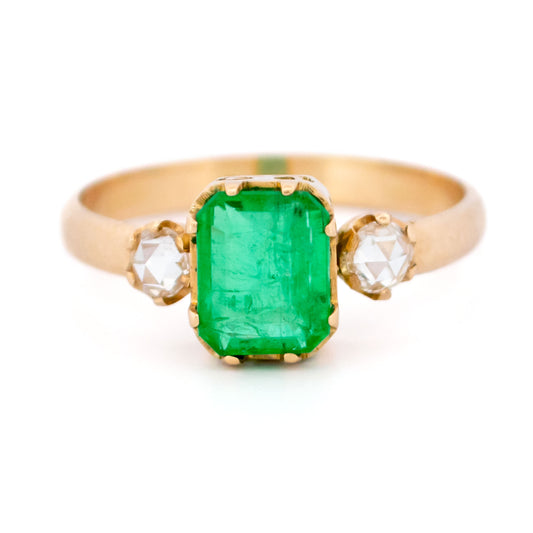 Vintage 18 Carat Yellow Gold Emerald and Diamond Trilogy Ring, 1.25 Carats