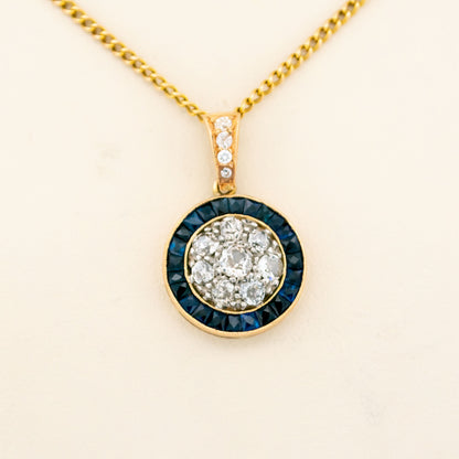 Vintage 18 Carat Yellow Gold Sapphire and Diamond Halo Target Pendant