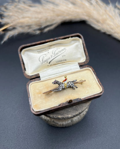 Antique 18 Carat Gold and Silver Diamond Horse and Enamel Jockey Brooch, Circa 1900