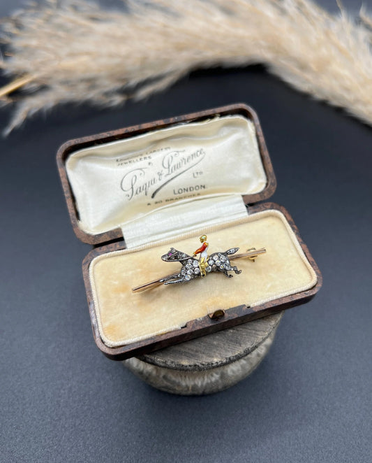 Antique 18 Carat Gold and Silver Diamond Horse and Enamel Jockey Brooch, Circa 1900