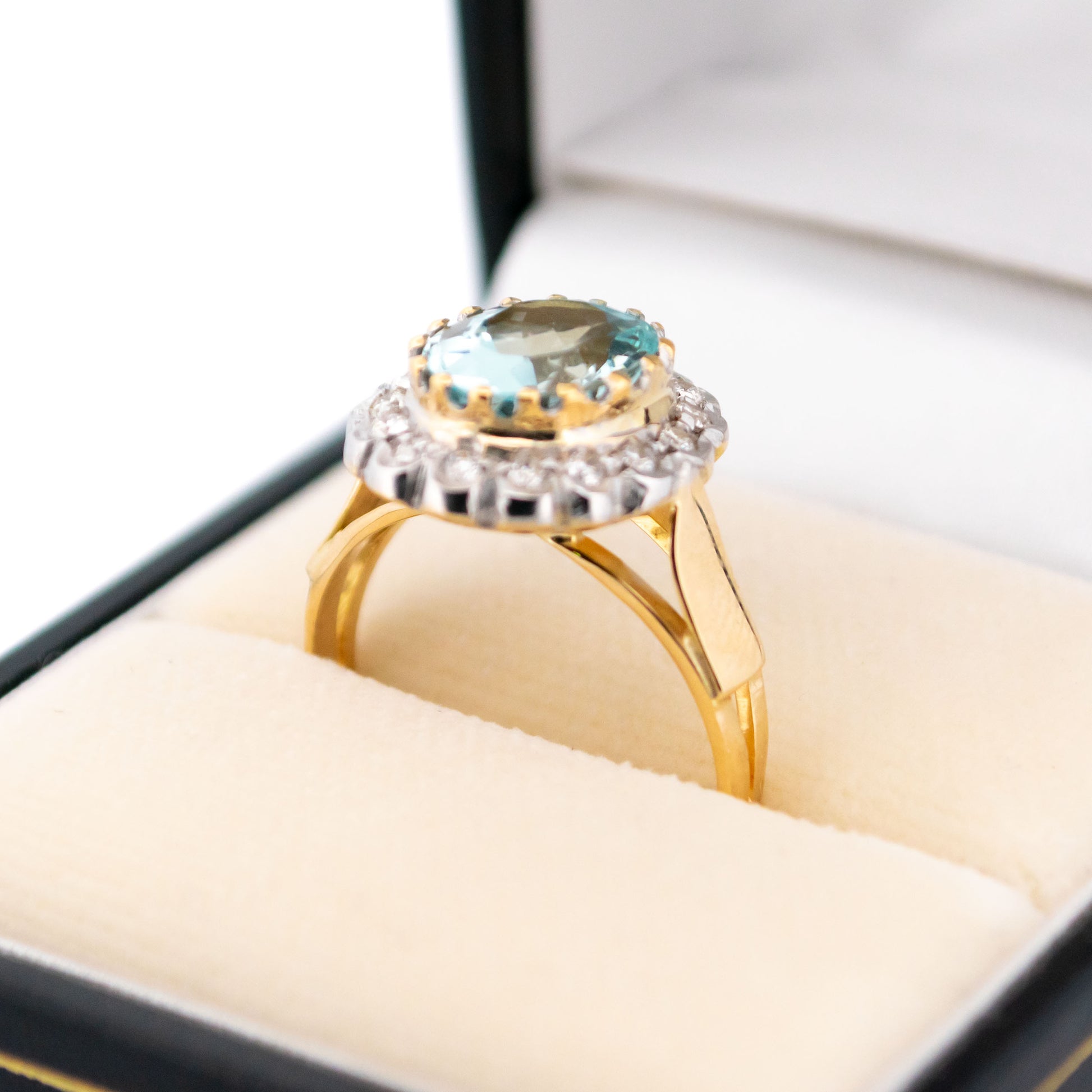 18 Carat Yellow and White Gold Aquamarine and Diamond Oval Cluster Ring