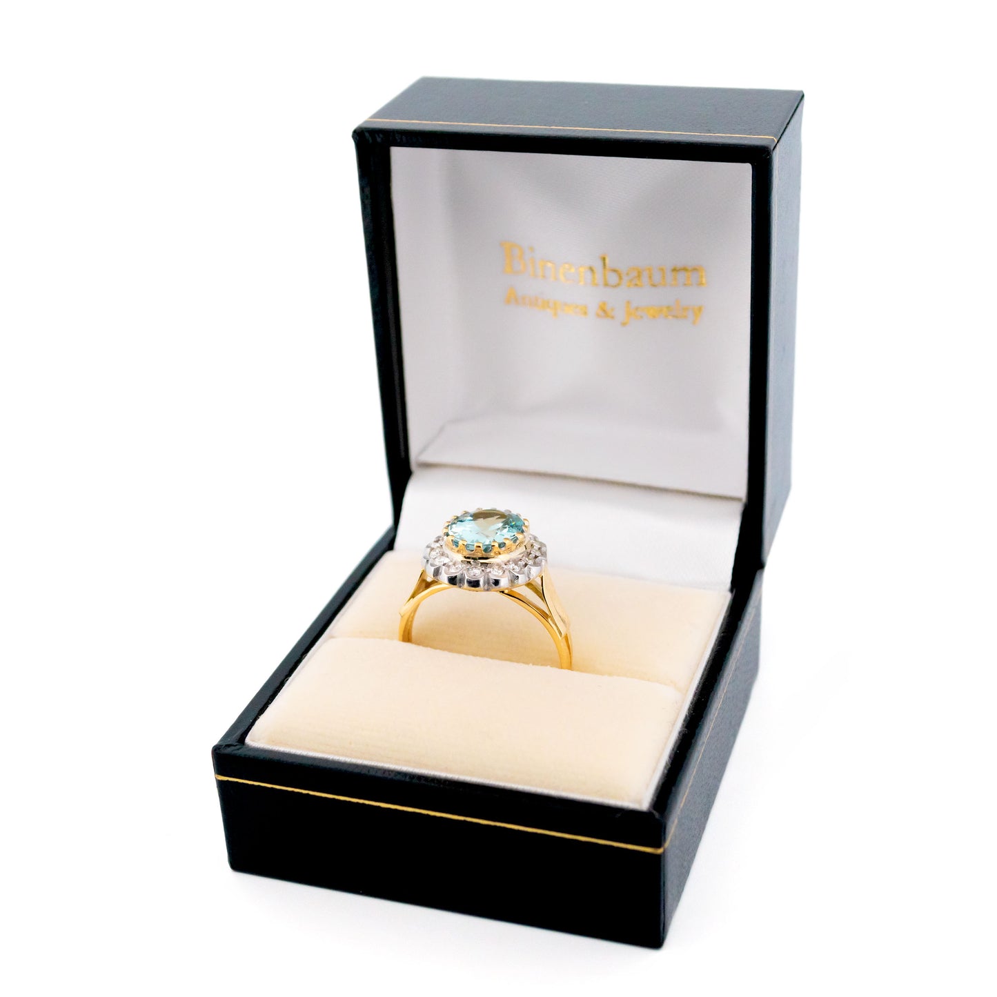 18 Carat Yellow and White Gold Aquamarine and Diamond Oval Cluster Ring