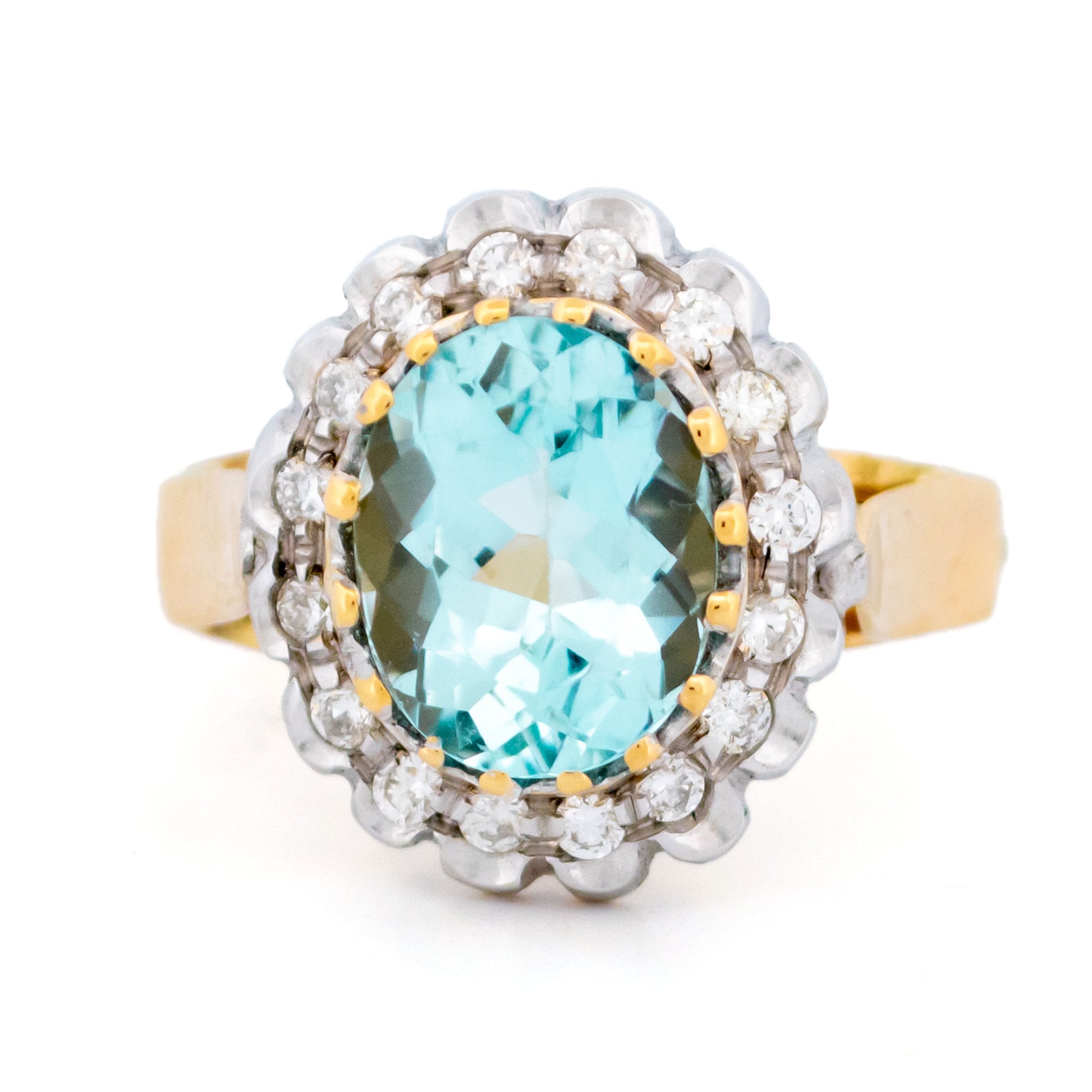 18 Carat Yellow and White Gold Aquamarine and Diamond Oval Cluster Ring
