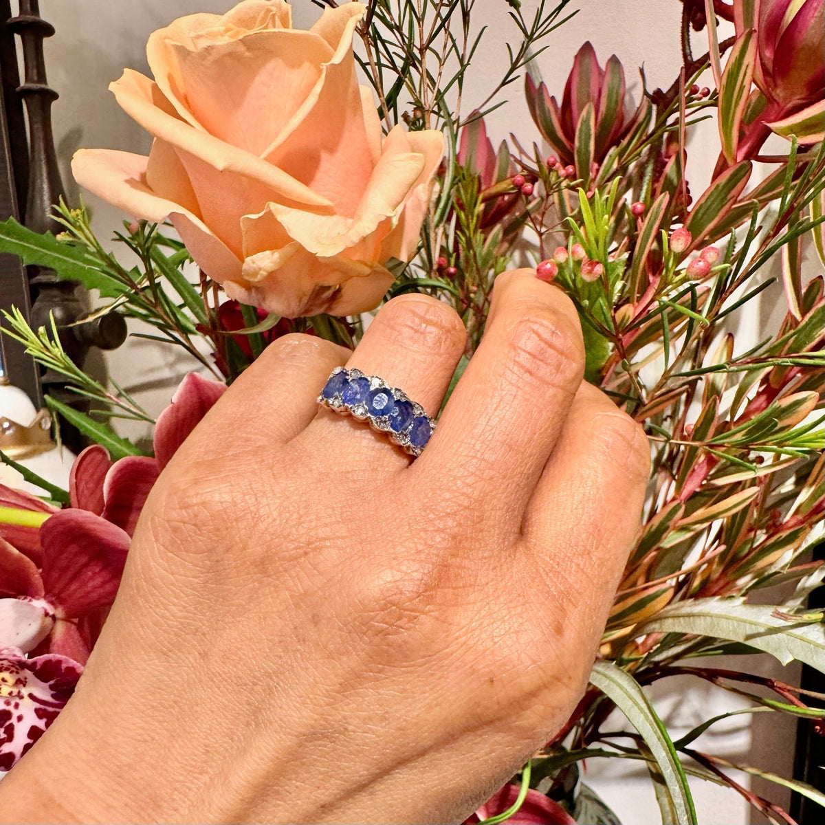 Diamond Sapphire 9ct Gold and Silver Row Engagement Ring