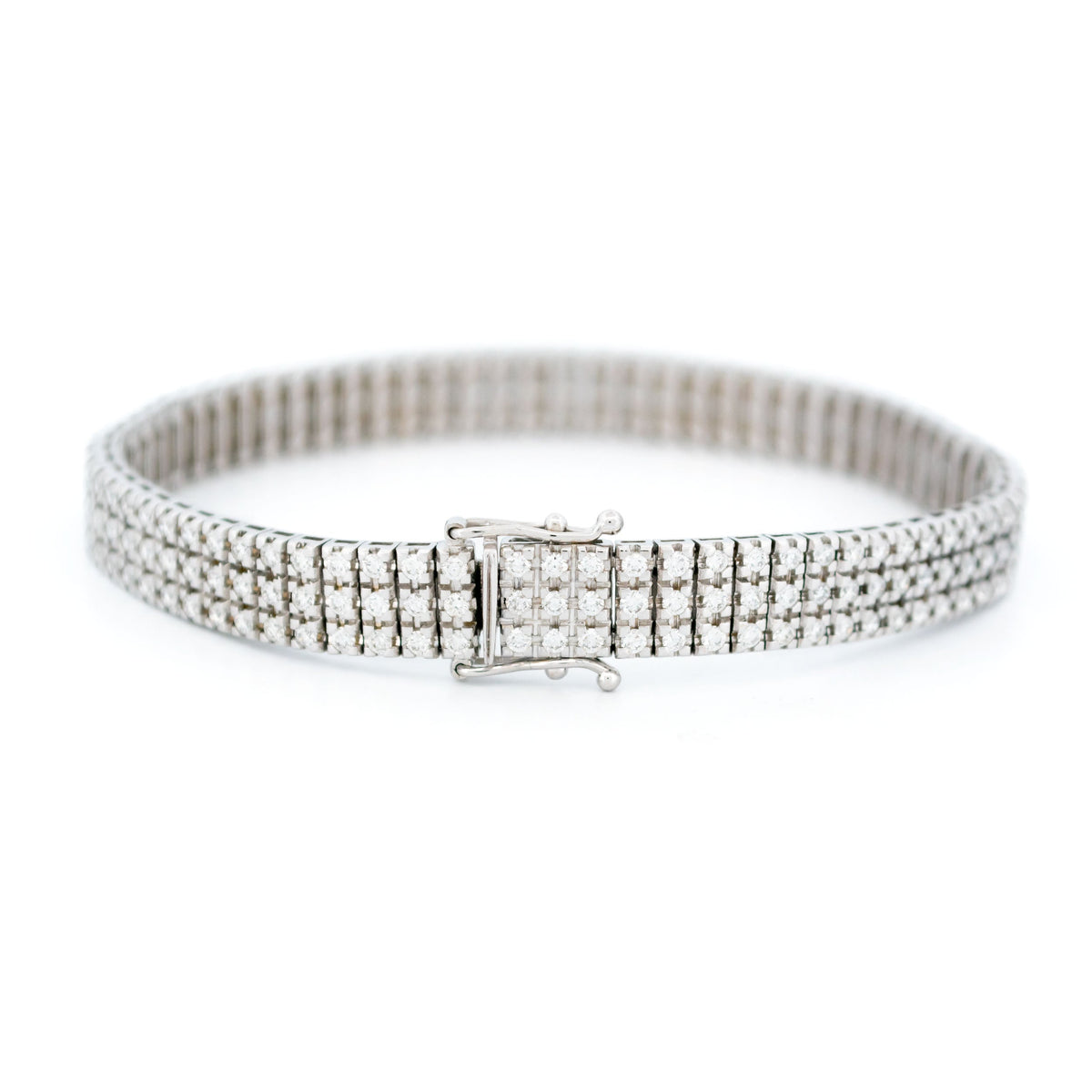 Vintage 18 Carat White Gold Three Row Diamond Tennis Bracelet, 3.40 Carats