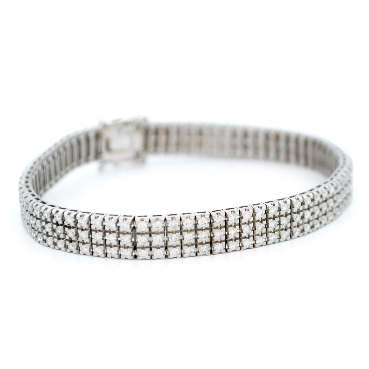 Vintage 18 Carat White Gold Three Row Diamond Tennis Bracelet, 3.40 Carats