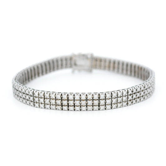 Vintage 18 Carat White Gold Three Row Diamond Tennis Bracelet, 3.40 Carats