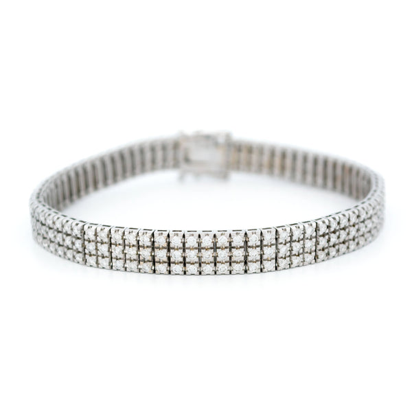 Vintage 18 Carat White Gold Three Row Diamond Tennis Bracelet, 3.40 Carats