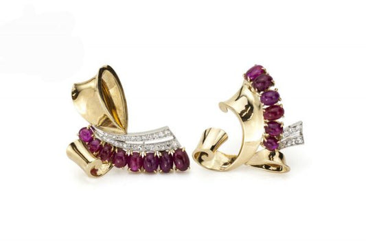 Vintage Trabert and Hoeffer Mauboussin Retro 9.00ct Ruby and Diamond Double Clip Brooch, in 14ct yellow gold, Signed, Circa 1940s