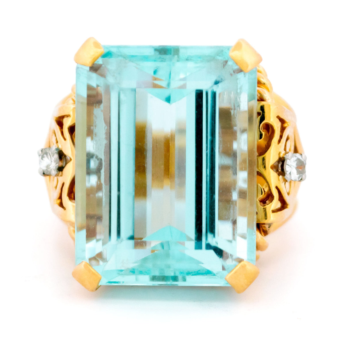 Yellow Gold Aquamarine Diamond Tank Ring