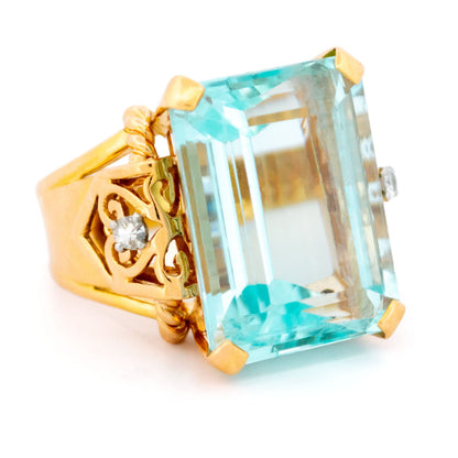 Yellow Gold Aquamarine Diamond Tank Ring