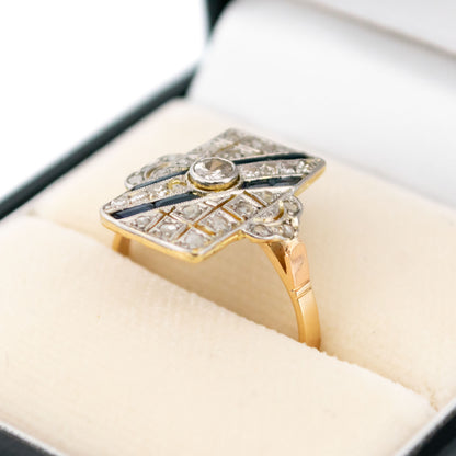 Art Deco 14 Carat Yellow and White Gold Sapphire and Diamond Geometric Ring