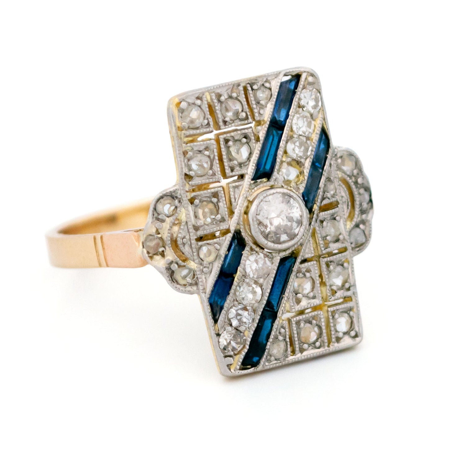 Art Deco 14 Carat Yellow and White Gold Sapphire and Diamond Geometric Ring