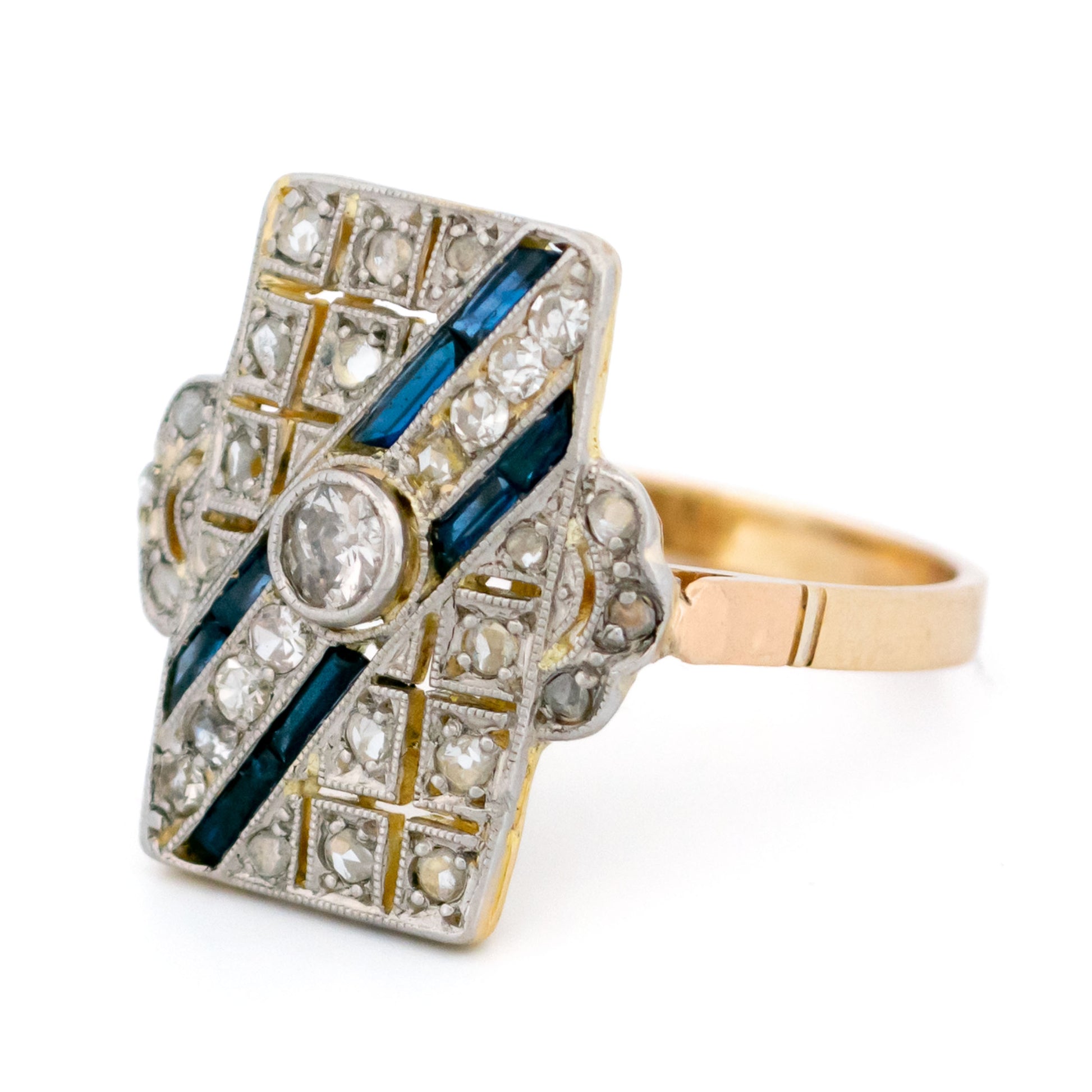 Art Deco 14 Carat Yellow and White Gold Sapphire and Diamond Geometric Ring