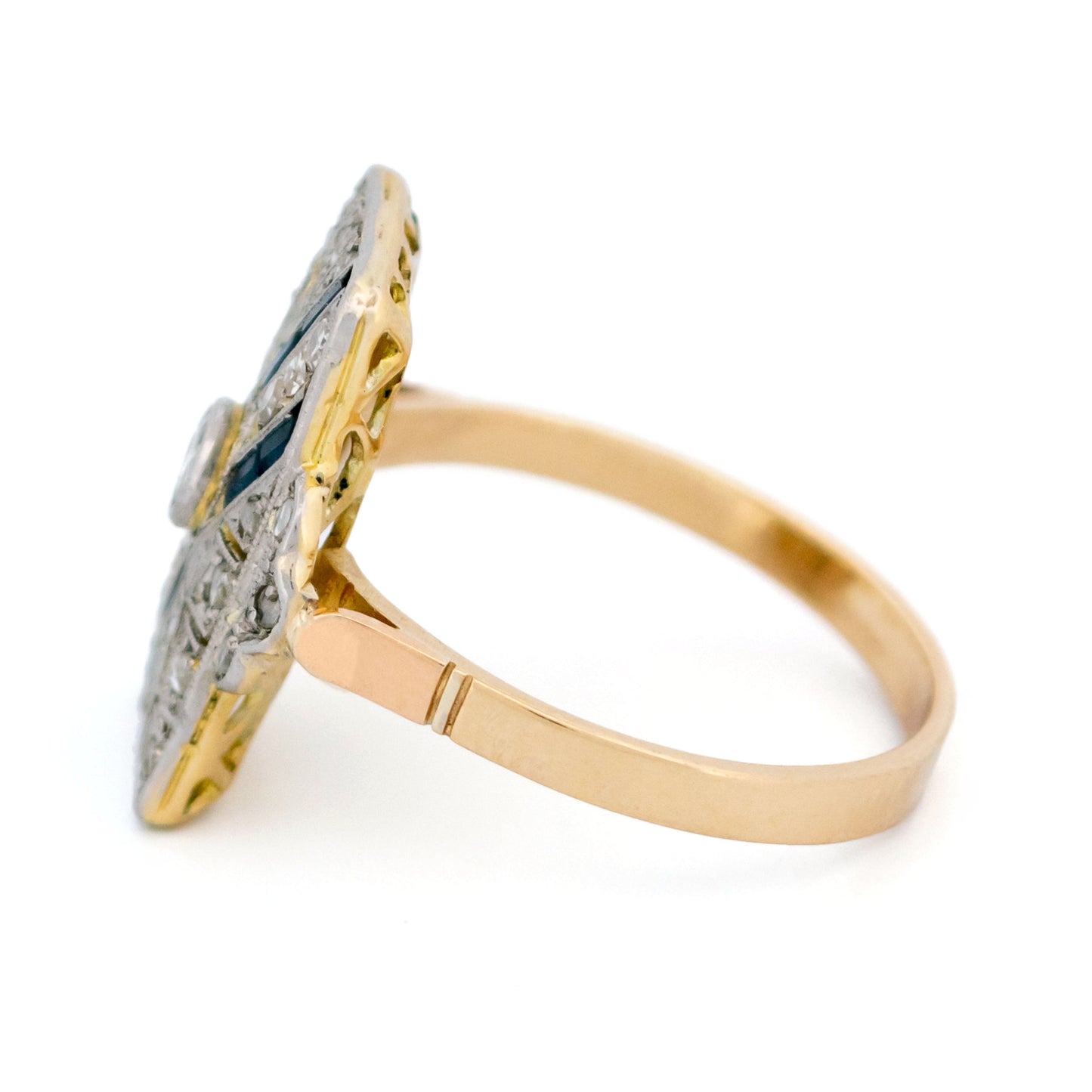 Art Deco 14 Carat Yellow and White Gold Sapphire and Diamond Geometric Ring