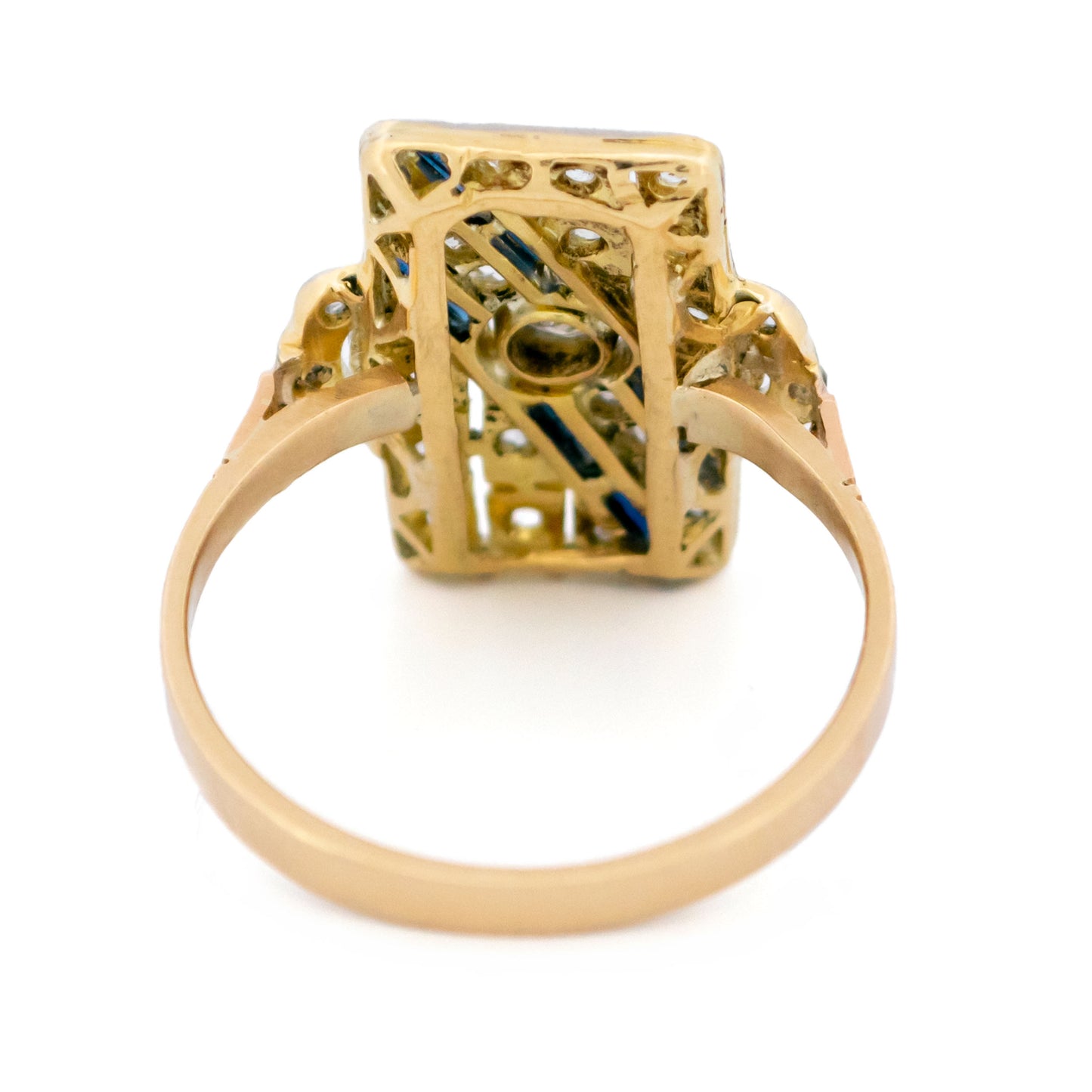 Art Deco 14 Carat Yellow and White Gold Sapphire and Diamond Geometric Ring