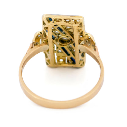 Art Deco 14 Carat Yellow and White Gold Sapphire and Diamond Geometric Ring