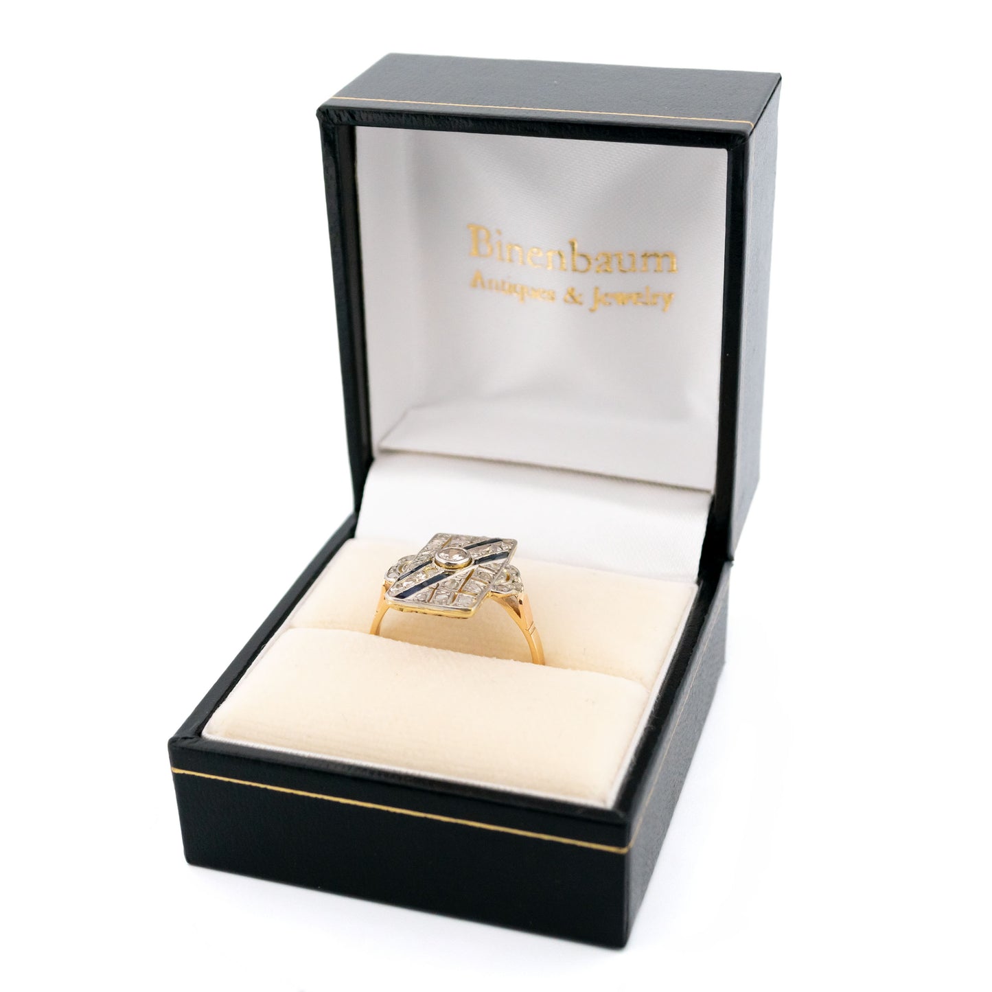 Art Deco 14 Carat Yellow and White Gold Sapphire and Diamond Geometric Ring