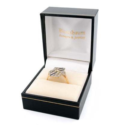 Art Deco 14 Carat Yellow and White Gold Sapphire and Diamond Geometric Ring
