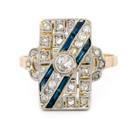 Art Deco 14 Carat Yellow and White Gold Sapphire and Diamond Geometric Ring
