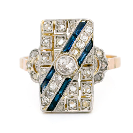 Art Deco 14 Carat Yellow and White Gold Sapphire and Diamond Geometric Ring