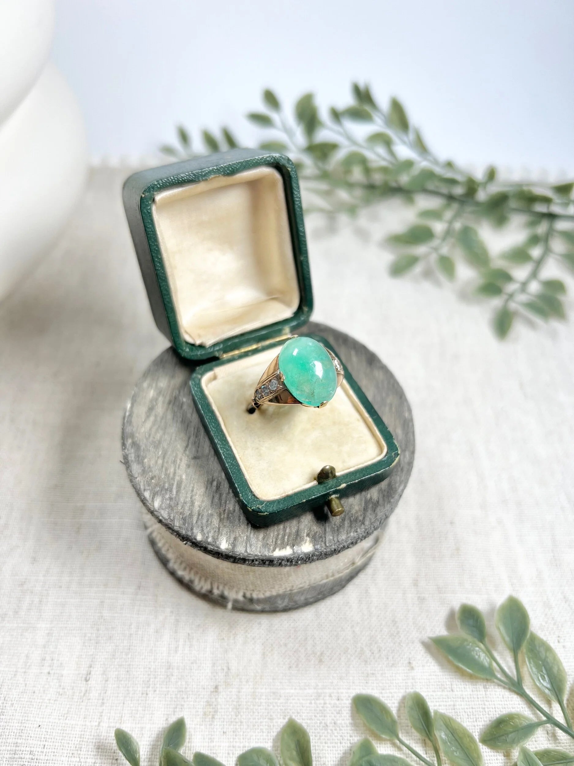 Vintage 14 Carat Rose Gold Cabochon Emerald and Diamond Ring, Circa 1960