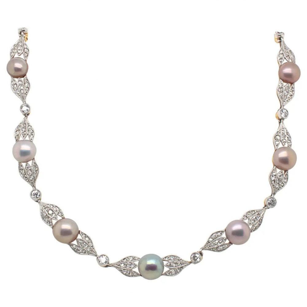Antique Edwardian Natural Pearl and Diamond Necklace, 5 carat total