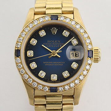 Rolex Oyster Perpetual Lady-Datejust 69088 in 18ct Yellow Gold with Original Diamond Dial and Bezel, Blue Vignette Serti dial, automatic movement, 18ct President bracelet with Crownclasp, with Rolex box and papers