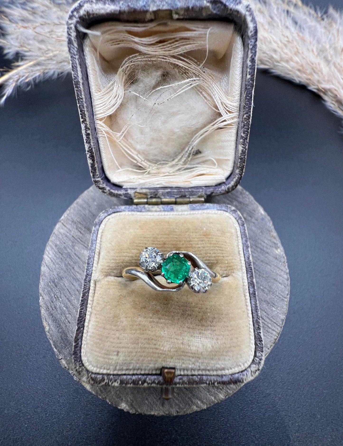 Antique 18 ct Gold And Platinum 1920's Emerald And Diamond Crossover Trilogy Engagement Ring