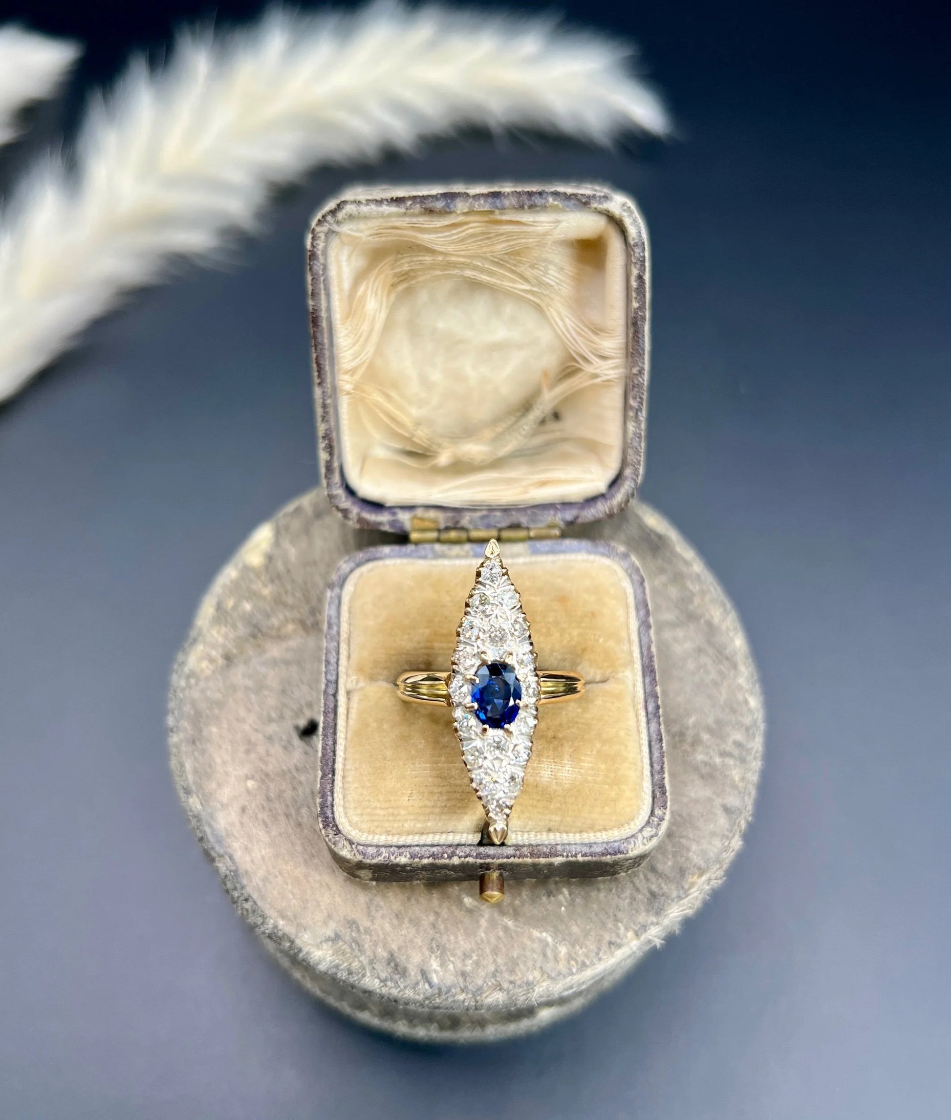 Antique 9 ct Yellow Gold, Victorian Sapphire And Diamond Marquise Navette Shaped Ring