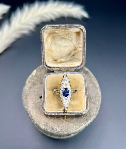 Antique 9 ct Yellow Gold, Victorian Sapphire And Diamond Marquise Navette Shaped Ring