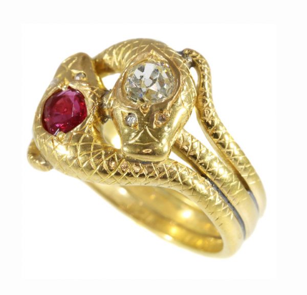 Late Victorian Old Cut Diamond and Ruby Snake Ring, 18ct Yellow Gold