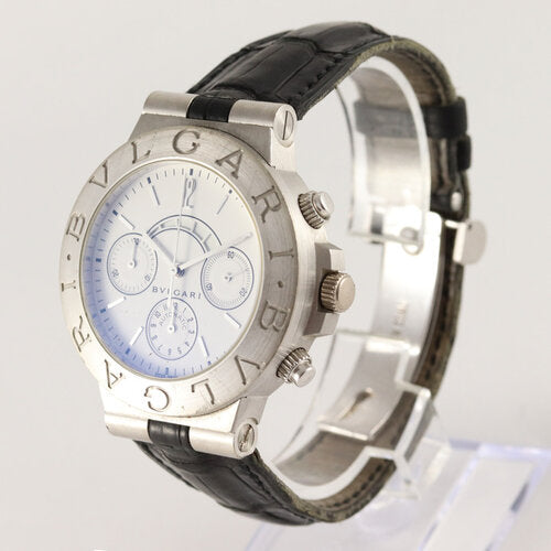Bvlgari Diagono 18ct White Gold 40mm Automatic Chronograph Watch; white dial, on a black leather strap with white gold fold-over clasp, comes with Bulgari box
