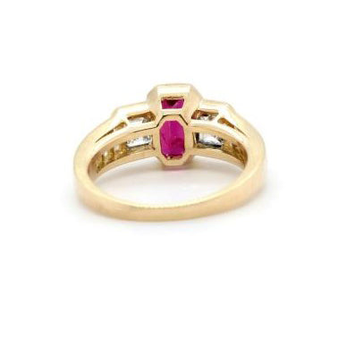 Emerald Cut Ruby and Diamond Trilogy Engagement Ring with Baguette Shoulders in 18ct Yellow Gold