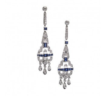 Vintage Diamond, Sapphire and Platinum Drop Earrings, Circa 1980