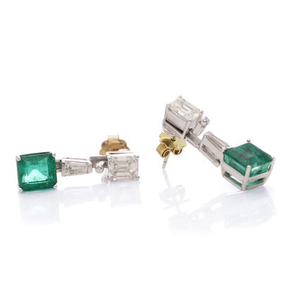 Stunning Vintage 4ct Square Cut Natural Colombian Emerald and Diamond Drop Earrings