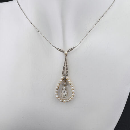 Antique Edwardian 1.20ct Pear Shaped Cushion Cut Diamond and Natural Pearl Cluster Pendant Necklace