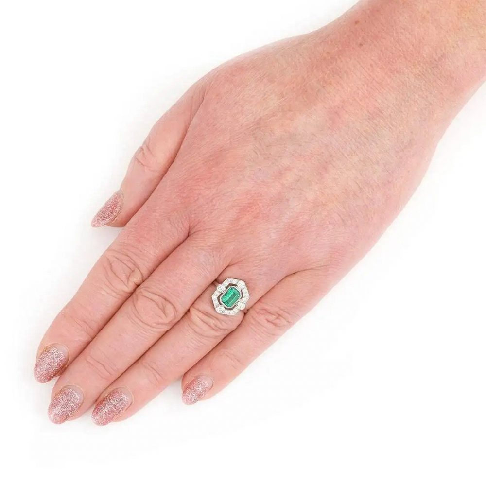 Art Deco Style 1ct Emerald and Diamond Halo Cluster Dress Ring in Platinum