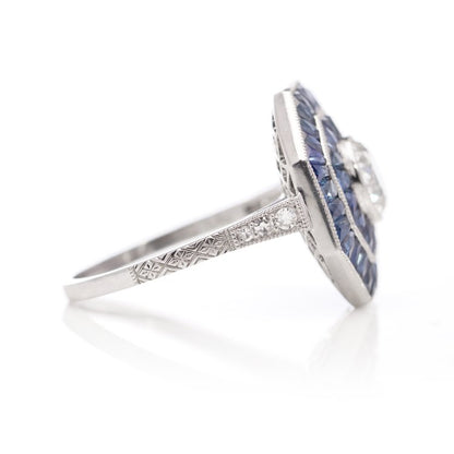 Art Deco Style 0.42ct Diamond and Sapphire Octagonal Double Cluster Ring in Platinum